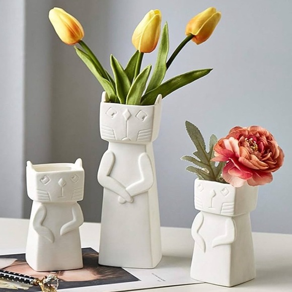 NEW 3 Piece Cat Design Ceramics Statue Planters Pots Shaped Flower Vase Desktop - Picture 4 of 4